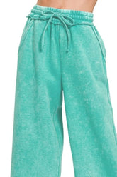 Acid Wash Fleece Palazzo Sweatpants with Pockets ZENANA